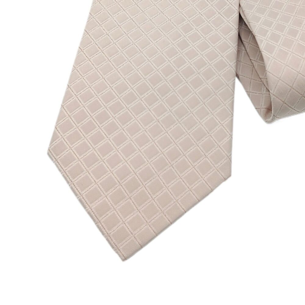 Saxony Collection Silk Tie Mens 58” Solid Taupe Graph Check Designer Wide New